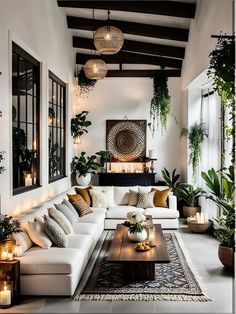 a living room filled with lots of white furniture