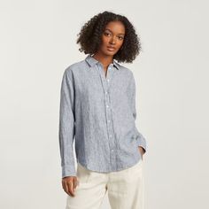 The Linen Relaxed Shirt Blue Pinstripe – Everlane Casual Linen Shirt With Shirttail Hem, Relaxed Fit Linen Shirt For Casual Gatherings, Casual Linen Shirt For Daywear, Relaxed Fit Flax Button-up Top, Casual Flax Colored Tops For Daywear, Casual Flax Daywear Top, Everyday Flax Color Button-up Tops, Relaxed Fit Button-up Top In Beige, Flax Color Relaxed Fit Button-up Tops