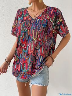 Orcajump - Ethnic Print T-shirt, Casual V Neck Short Sleeve Summer T-shirt, Women's Clothing Summer Graphic Print Patterned T-shirt, Casual Patterned T-shirt With Graphic Print, Casual Multicolor Tops With Random Print, Multicolor Random Print Summer Tops, Casual Multicolor Print V-neck T-shirt, Casual Tops With Random Print For Summer, Casual Multicolor Print T-shirt, Casual Summer Tops With Random Print, Patterned V-neck Top With Abstract Print