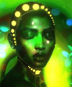 a woman with green and yellow lights on her face is shown in this artistic photo