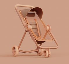 an empty baby stroller with wheels on a pink background