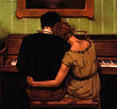 two people sitting at a piano in front of a painting