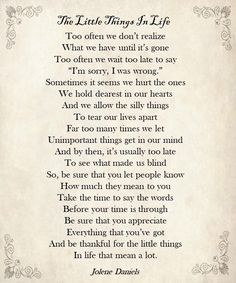 the little things in life poem written on parchment paper with an ornate border around it