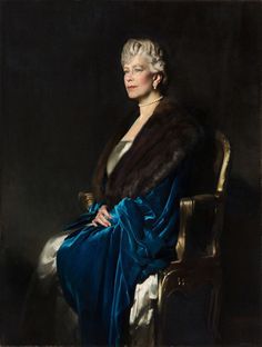 a painting of a woman in a blue dress and fur stoler sitting on a chair