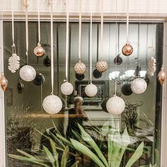 a window with ornaments hanging from it's sides and plants in the windowsill