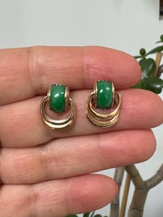 14K gold Earrings Emerald Cabochon .  These are absolutely Stunning. Weight is 4.6 Grams on MY SCALE. Measure .70" x .50"  Will ship Priority Insured    For more items click on :  http://www.etsy.com/shop/MISSIONMOD?ref=pr_shop_more  **ALL METALS AND STONES ARE TESTED TO BE SUCH,BUY WITH CONFIDENCE THAT HERE AT MISSION*MOD WE STRIVE TO BRING YOU THE BEST WE CAN FIND...RANGING FROM VINTAGE TO ANTIQUE JEWELRY, CLOTHING AND EVERYTHING ELSE IN BETWEEN**  CHECK OUT OUR OTHER JEWELRY, INCLUDING  CHARM Gold Vintage Cabochons, Formal Gold Clip-on Cabochons, Formal Yellow Gold Round Cabochons, Yellow Gold Cabochon Drop Earrings, Gold Cabochon Earrings For Anniversary, Yellow Gold Round Cabochons For Fine Jewelry, Yellow Gold Round Cabochons Fine Jewelry, Yellow Gold Cabochon Earrings For Anniversary, Yellow Gold Oval Clip-on Earrings For Anniversary