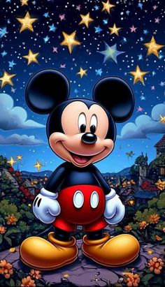 mickey mouse standing on top of a hill with stars in the sky above him and looking at