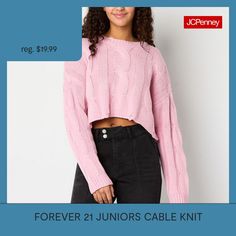 This Forever 21 women's and junior's cropped cable-knit sweater has distressed hems and an oversized fit, giving it a cool edge to work in with your favorite looks for fall and winter. Made from a soft chunky knit, it has a boat neckline and long sleeves. Wear it with skinny jeans and ankle boots.Closure Type: Pullover HeadNeckline: Boat NeckSleeve Length: Long SleeveFiber Content: 100% AcrylicCare: Dry Flat, Hand WashCountry of Origin: Imported Cropped Cable Knit Sweater, Boat Neck Long Sleeve, Large Sweaters, Small Sweater, Long Sleeve Pullover Sweater, Boat Neckline, Knit Crop, Pink Sweater, Cropped Sweater