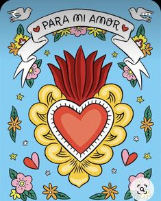 a card with an image of a heart and flowers on the front, in spanish