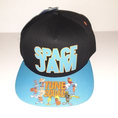 Space Jam Snapback Hat Brand New Fun Snapback Hat For Streetwear With Flat Brim, Black Fun Snapback Hat With Curved Brim, Fun Curved Brim Snapback Hat For Streetwear, Retro Black Snapback Fitted Hat, Fun Black Snapback Hat With Flat Brim, Fun Black Hat With Flat Brim, Fun Black Flat Brim Hat, Fun Flat Bill Hats For Streetwear, Black Baseball Cap For Streetwear