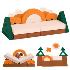 an orange and white couch sitting on top of a cardboard box next to other furniture