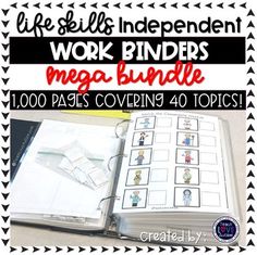 an open book with pictures and words on it that says work binders mega bundle