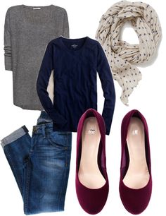 Navy, gray, burgundy, and polka-dots Looks Jeans, Mode Tips, Looks Style, Mode Inspiration, Outfit Casual, Outfits Casuales, Kate Middleton