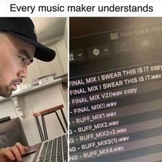 a man wearing a hat looking at a laptop screen with the words'every music maker understands'on it