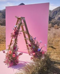 an easel decorated with flowers and greenery in front of a pink backdrop on the side of a hill