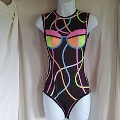 Bodysuit Black With Neon Colors,Size Small. Hooks To Geather Multicolor Bodysuit For Club, Fitted Multicolor Bodysuit For Club, Sleeveless Multicolor Fitted Bodysuit, Retro Fitted Multicolor Bodysuit, Fitted Multicolor Bodysuit For Night Out, Fitted Sleeveless Lined Bodysuit, Retro Fitted Black Swimwear, Retro Fitted Sleeveless Bodysuit, Retro Fitted Bodysuit For Party