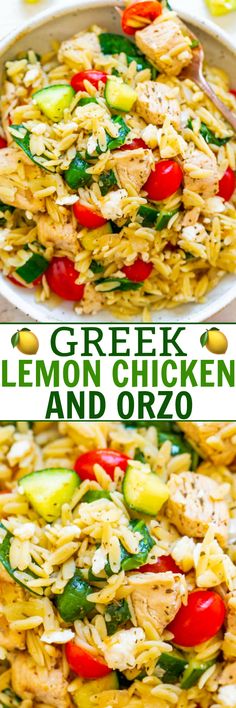 two pictures of chicken, lemon and orzo salad in a white bowl with text overlay