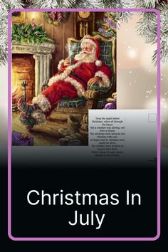 a christmas card with a santa clause sitting in a chair