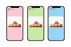 three iphones with different images of people riding on top of the same car, one is