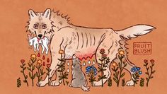 a drawing of two dogs and a cat standing in the grass with flowers around them