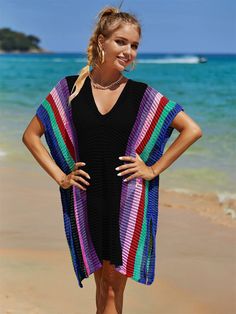 This oversized knit sweater is perfect for a day at the beach or a casual night out. With its playful stripes and comfortable fit, you'll feel stylish and relaxed all day long. Made from high-quality materials, this sweater is a must-have for any beach style wardrobe. Size Guide: Model is 5’8” tall, and has a 34.2” bust, 24.9”waist, & 37.7” hips. She is wearing a S / US 4 / AU 8. This sweater is true to size. Material: 100% Polyester. Key Features: V-Neckline. Short sleeve. Coverup. Crochet Knit. Side Slits. Not lined. Oversized fit. Maternity friendly. No closures. Care Instructions: Machine wash / Cold hand wash Knitted Rainbow, Holiday Bikinis, Orange Swimwear, Crochet Cover Up, Casual Night Out, Clothing Details, Black Swimwear, Loose Outfit, Hem Style