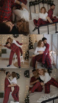 a man and woman in matching pajamas cuddle together on a bed with christmas lights behind them