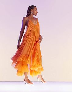 ASOS DESIGN scoop neck trapeze maxi dress with frill in bright orange | ASOS Formal Dresses Graduation, Cocktail Dress Formal, Asos Curve, Winter Party Dress, Long Sleeve Floral Dress, Orange Fashion, Satin Slip Dress, Floral Dress Black, Bright Orange