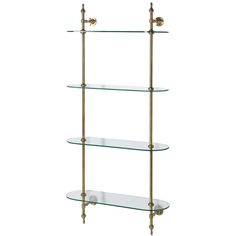 Brass & Glass Wall Mounted Open Shelving - escapologyhome.co.uk Glass Display Unit, Glass Shelving Unit, Wall Mounted Shelving, Wall Mounted Shelving Unit, Bathroom Cupboards, Glass Shelving, Brass Shelves, Shelf Unit, Brass Glass