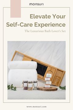 an advertisement with the words elevate your self - care experience on it and various items