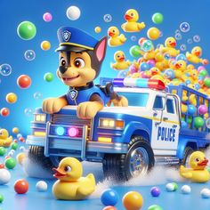 a cartoon character riding on the back of a police truck surrounded by rubber ducklings