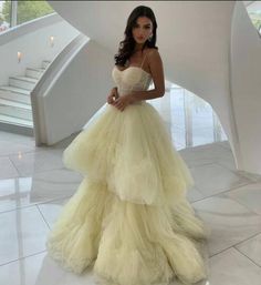 Layered Tulle Prom Dress, Unique Formal Dresses, Yellow Evening Dresses, Tulle Prom Dresses, Cheap Prom Dresses Long, Formal Ball Gown, Modest Prom, Cheap Evening Dresses, Prom Dresses 2019