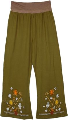 A funky 70`s style pants in cotton sinker fabric, with beautiful herbs embroidered in the bottom. These cotton pants feature a flexible and comfortable yoga waist, they drape in a slight bell-bottom style. #tlb #SplitSkirtsPants #Patchwork #Embroidered #bohemianfashion #Handmade #BohemianPants #FallPants #PatchworkPants #HippieCottonPants Casual Embroidered Harem Pants For Spring, Casual Spring Embroidered Harem Pants, Casual Wide Leg Pants With Floral Embroidery, Embroidered Wide Leg Harem Pants For Spring, Fall Cotton Pants With Floral Embroidery, Spring Embroidered Cotton Harem Pants, Embroidered Cotton Harem Pants For Spring, Casual Embroidered Wide-leg Harem Pants, Casual Embroidered Wide Leg Harem Pants