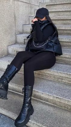 All Black Outfit For Winter, Brown Low Boots Outfit, Amazon Black Outfits Women, Black Gucci Boots Outfit, How To Style Knee High Boots Winter, Black Hair Fall Outfit, All Black Thigh High Boots Outfit, Docs Boots Outfits, Black Leather Boots Outfit Black Women