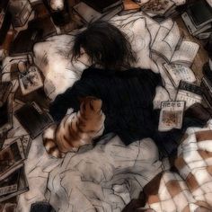 a drawing of a person laying on a bed with many books and electronic devices all around