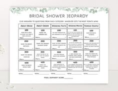 the bridal shower party game is shown with flowers and greenery on the table