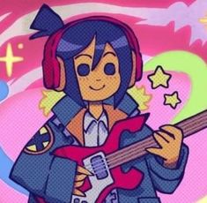 a cartoon character holding a guitar and wearing headphones