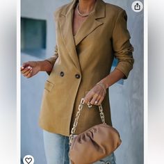 From Amazon, $46.99 Women’s Size Large Blazer Color: Tag Says Beige But It’s More Like A Dark Mustard, Brown ( Nice). Pit To Pit: 21”-21.4” Length: 28” New In Bag, Did Not Come With Tag. “About This Item Material: Farysays Women's Blazer Jackets Made Of 75% Polyester 25% Other. Full Lined, Lightweight, Comfy ,Breathable And Soft Fabric. Feature: Long Sleeve, 2 Side Pockets, Solid Color, Lightweight, Draped Open Front, Notch Lapel Collar, Double Breasted Blazer Match: Women's Blazers & Suit Jacke Chic Brown Blazer With Pockets, Khaki Fall Office Blazer, Fall Office Khaki Blazer, Khaki Office Blazer For Fall, Fall Khaki Double-breasted Blazer, Khaki Double-breasted Fall Blazer, Fall Double-breasted Khaki Blazer, Chic Long Sleeve Khaki Blazer, Chic Khaki Long Sleeve Blazer