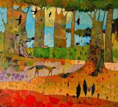 an abstract painting of trees and birds in the woods