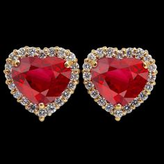 METAL SPECIFICATIONS Metal Name: Yellow Gold 14K STONE SPECIFICATIONS Stone Name: RUBY/DIAMOND Stone Cut : Heart & Round cut Stone Specifications: There are two red rubies approx. 3.50 carats each (Approx. Size 9.2 x 9.4 mm) & approx. 0.20 carats round smaller diamonds on the side in each earring. Natural earth-mined stones. Total Stone Weight : approx. 7.40 carats Color : Red/F Clarity : AAA/VVS1 APPRAISAL Appraised Value : $12400.00 Comes with a FREE APPRAISAL All kinds of customizatio Heart Cut Earrings For Valentine's Day Formal Occasions, Valentine's Day Heart Cut Formal Earrings, Gold Diamond Earrings For Formal Events On Valentine's Day, Valentine's Day Gold Jewelry With Halo Design, Heart Cut Earrings For Valentine's Day Formal, Diamond Earrings For Valentine's Day, Brilliant Cut Earrings For Valentine's Day Formal Occasion, Brilliant Cut Earrings For Valentine's Day Formal, Diamond Earrings For Valentine's Day Formal Event