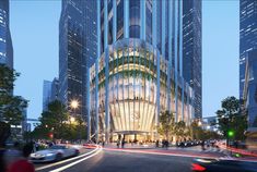 an architectural rendering of a modern building in the city at night with motion blurs