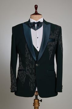 Embroidered Blazer Men, Green Three-piece Suit With Notch Lapel For Party, Green Notch Lapel Three-piece Suit For Party, Tailored Three-piece Suit For Party, Sleeveless Tuxedo Suit For Party, Elegant Green Three-piece Suit For Party, Elegant Green Three-piece Party Suit, Fitted Green Three-piece Suit For Party, Green Notch Lapel Tuxedo For Party