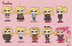 some cartoon characters with different expressions and hair colors, all wearing glasses on their faces