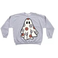 A cute flowered girlie ghost on a sweatshirt!  Graphic is 10x9 across front of sweatshirt Spring Cartoon Print Sweatshirt For Streetwear, Fall Cartoon Print Sweatshirt For Streetwear, Fall Cartoon Print Streetwear Sweatshirt, White Character Print Hoodie For Fall, Fall Streetwear Sweatshirt With Cartoon Print, Oversized Sweatshirt With Character Print And Long Sleeves, Oversized Long Sleeve Sweatshirt With Character Print, Oversized Casual Sweatshirt With Character Print, Fun White Hoodie For Fall