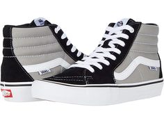 Vans SK8-Hi Pro - Skate Shoes : (Nation) Black/Silver : Dominate your next sesh in these Vans SK8-Hi Pro skate shoes that feature innovative technology for the ultimate skating experience. The Black/White colorway uppers are suede and canvas, Black/White/Gum uppers are all suede. High-top skate shoes feature a treated suede upper that repels water so your socks stay dry with an UltraCush HD sockliner for cushioning. Vans logo tag and sidestripe. Traditional lace-up closure. Reinforced Duracap To Vans Sk8 Hi Pro, Mens Vans Shoes, Vans Logo, Vans Sk8 Hi, Maternity Style, Innovative Technology, Logo Tag, Vans High Top Sneaker, Sk8 Hi