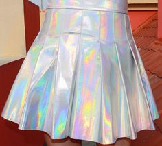 Harajuku Style Fitted Tennis Skirt For Summer, Fitted Harajuku Style Tennis Skirt For Summer, Harajuku Style Fitted Pleated Tennis Skirt, Fitted Harajuku Style Mini Tennis Skirt, Holographic Clothes, Outer Space Costume, Singer Stage, Space Costumes, Holographic Iridescent