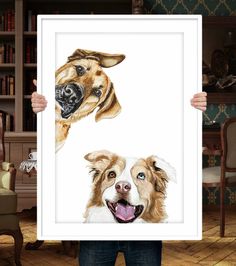 two dogs are shown with their faces painted in watercolor on white paper, and the dog has his tongue out