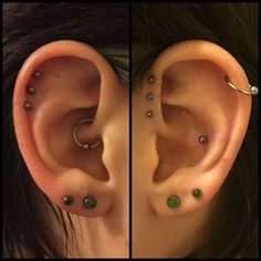 two pictures of an ear with different piercings