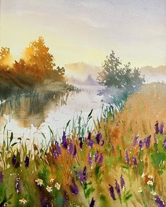 watercolor painting of purple flowers and trees by a lake