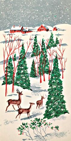 a painting of two deer in the snow with trees and houses behind them on a snowy day