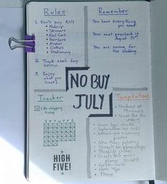 a notebook with notes on it that say no buy july